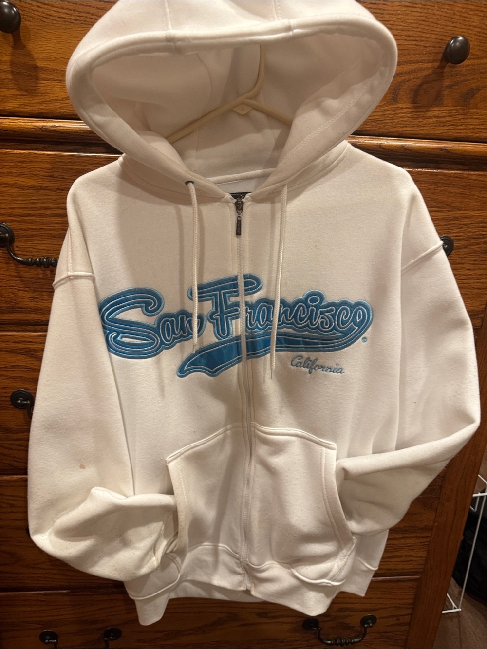 White Zip-Up Hoodie with Blue "San Francisco" Script